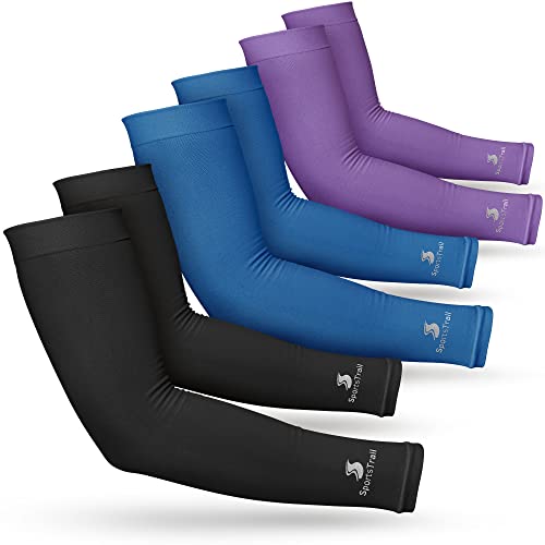 Cooling Arm Sleeves for Men & Women (3 Pairs: 1 Pair Black + 1 Pair Dark Blue + 1 Pair Purple / One Size)