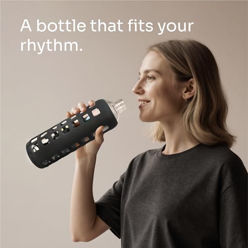 40oz / 32oz / 22oz / 12oz Borosilicate Glass Water Bottle with Time & Volume Markers, Silicone Sleeve, Stainless Steel Lid | Reusable Glass Bottle for Water & Juice (40oz Jet Black) (Jet Black / 40 Ounces)