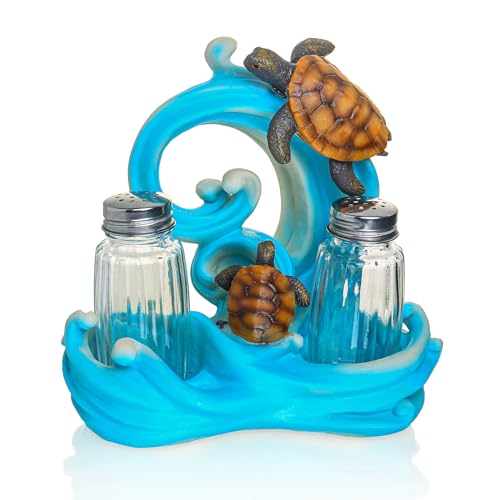 Resin Ocean Sea Turtle Salt And Pepper Shakers Set Holder with Glass Spice Jars (SeaTurtle)