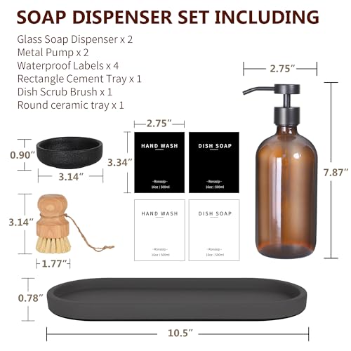 Set of 5 Kitchen Soap Dispenser Set 16 Oz Glass Hand Dish Soap Dispenser with Stainless Steel Pump (Brown)