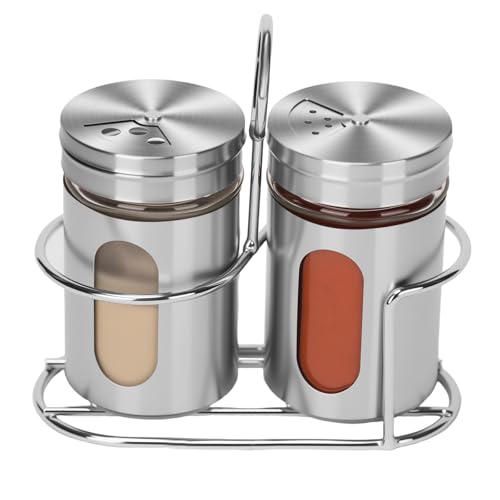 Glass Salt and Pepper Shaker Set with Seasoning Rack (Silver)