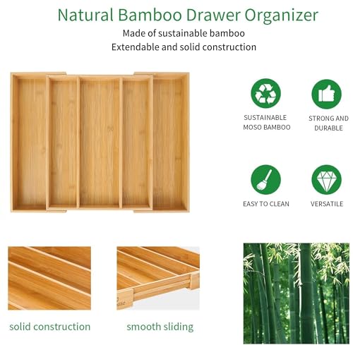 Bamboo Expandable Kitchen Drawer Organizer Silverware Utensil Tray (Natural / Large)