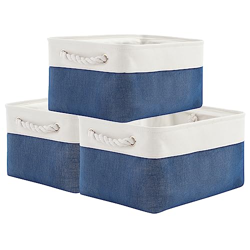 Storage Basket for Organizing (White & Blue / 3PCS/Medium -13.8Lx9.8Wx6.7H)