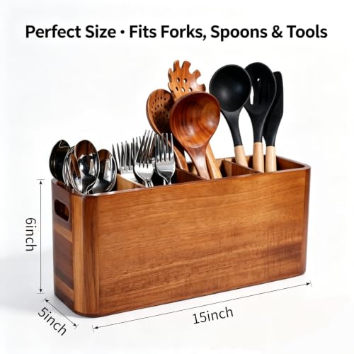 Wooden Kitchen Utensil Holder Organizer for Counter or Countertop (Acacia / 4 Compartment)