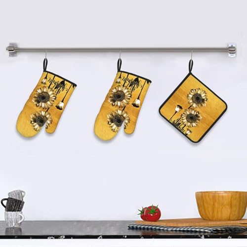 Sunflower Oven Mitts and Pot Holders Set of 3 Gold Oven Glove (Sunflower)
