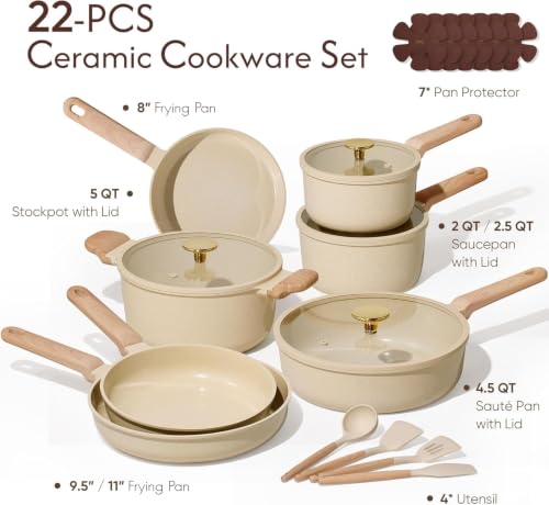 22pcs Ceramic Cookware Sets (Oatmeal / 22 Piece)