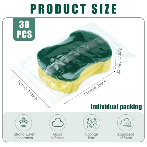 30 Pcs Individually Wrapped Sponges Kitchen Bulk Non Scratch Scouring Sponges for Dishes Household Cleaning Travel Apartments Hotel Car (30 Count)