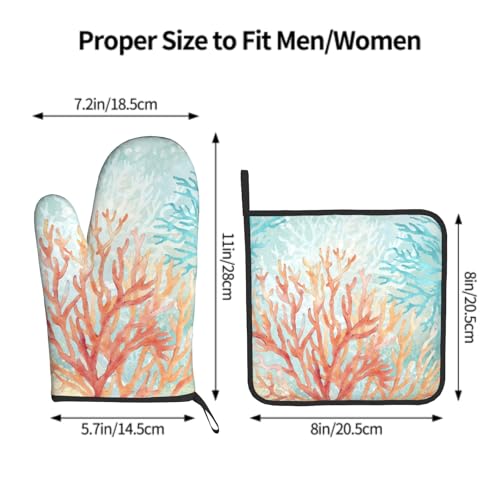 Coastal Coral Oven Mitts and Pot Holder Set of 2 Beach Ocean Heat Resistant Kitchen Oven Mittens Potholders for Baking Cooking Grilling BBQ (Coastal Coral)