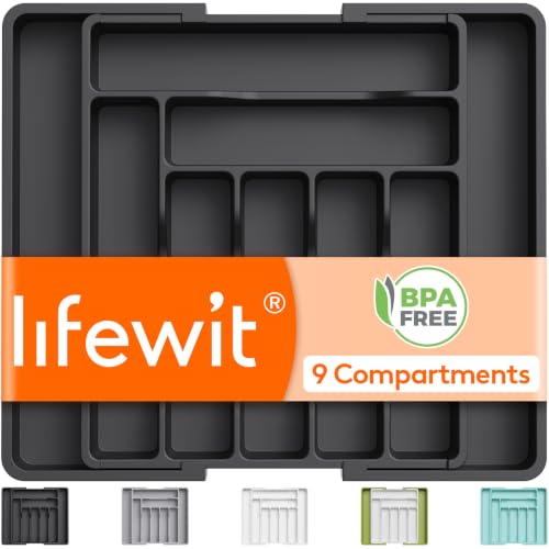 Expandable Silverware Drawer Organizer (Black / XL (13"-22.4" W × 15"D))