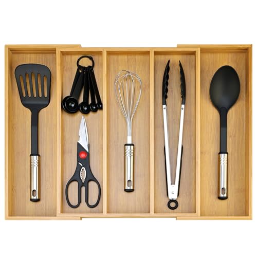Expandable Bamboo Silverware Drawer Organizer Large Kitchen Utensils Tray ((12.6"-21")x 15.7" / Bamboo)