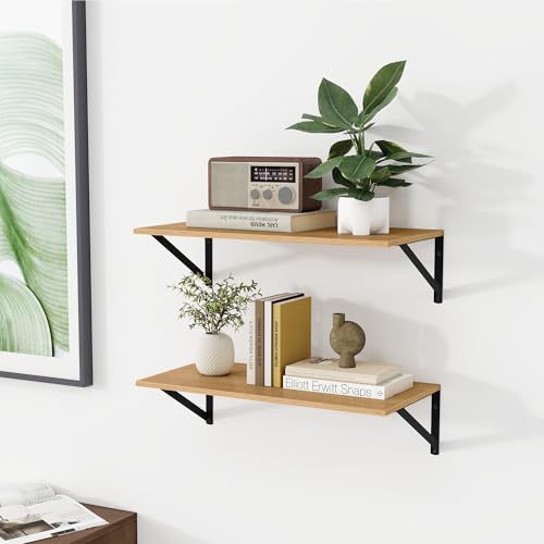 24W x 12D Deep Floating Shelves Set of 2 Oak (Oak With Black Metal Bracket / 24Wx12Dx5.8H)