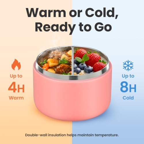 12oz Insulated Vacuum Food Jar with Buckle Lid Wide Mouth Soup Thermo for Hot Food Kids Leakproof Stainless Steel Lunch Container (Pink / 12OZ)