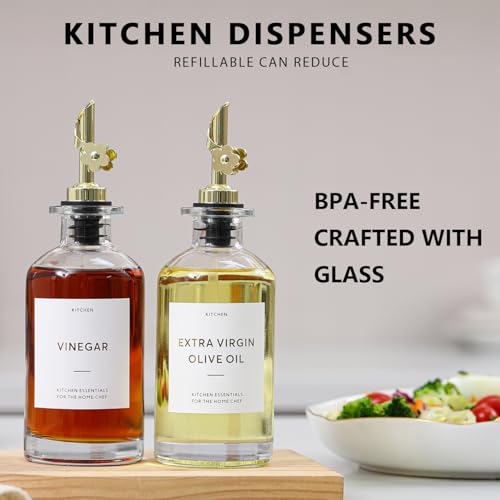 Olive Oil Dispenser for Kitchen (12oz-Clear&Gold Spout+Tray / 11.8 fl oz)