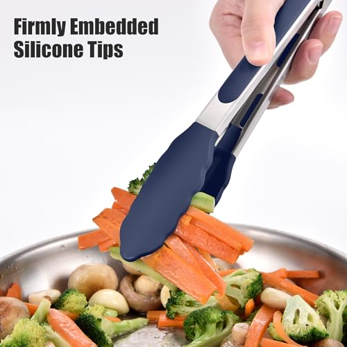 Kitchen Tongs with Silicone Tips for Cooking Serving (Set of 3 (7+9+12in) / Navy Blue)