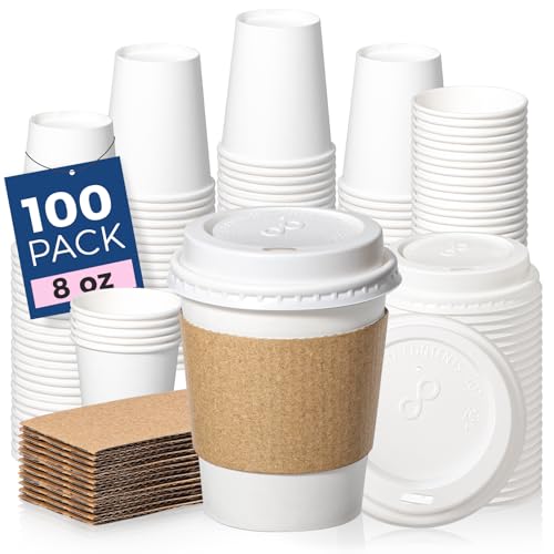100 Pack 8 oz Disposable Coffee Cups with Lids (8 oz / Classic)