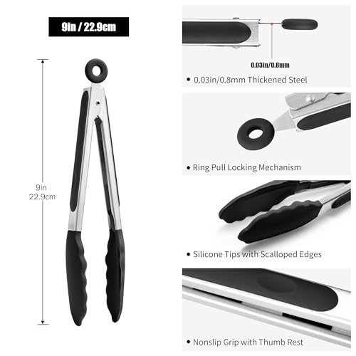 Kitchen Tongs with Silicone Tips for Cooking Serving (9in / Black)