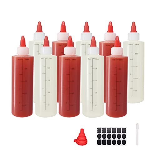 10 Pack 8 oz Graduated Plastic Squeeze Squirt Condiment Bottles ((6) 8 oz(10pack) Red Twist Cap)