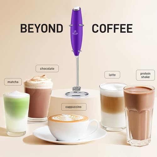 Powerful Milk Frother Wand With Duracell Batteries (Regal Purple / Double Whisk + Batteries)