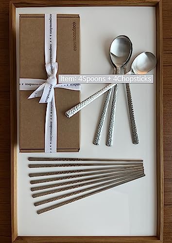 Korean Made Silver Glossy Hammered Stainless Steel Korean Spoon & Chopstick SET Gift for Mom Stocking Stuffer (4SET)