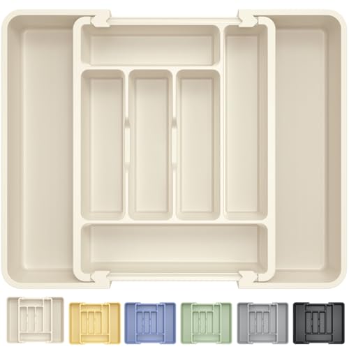 Large Silverware Organizer Tray for Kitchen Drawer Utensils Thicker (Light Beige)