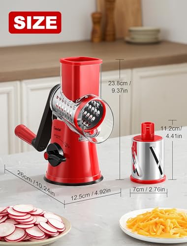 Rotary Cheese Grater Vegetable Shredder With 6 Interchangeable Blades No Slip Suction Base (Red Black / 6 Blades)