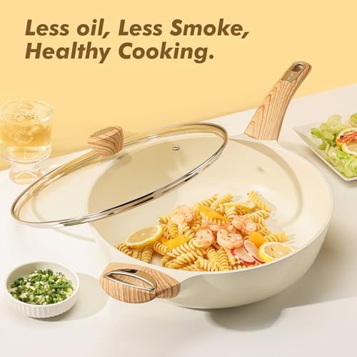 Ceramic Nonstick Frying Pan Skillet with Lid (6QT / 13.3IN / Ceramic White)