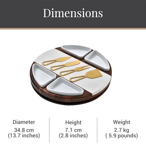 Acacia Wood Lazy Susan Cheese Board Set (Round 13" Marble with Engraving)