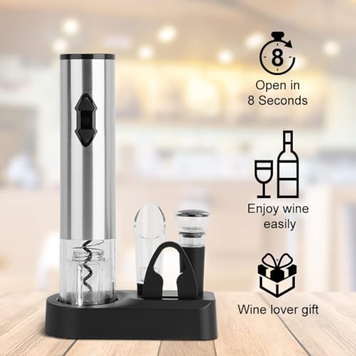 5-in-1 Electric Wine Opener Gift Set Stainless Steel Electric Wine Bottle Opener Battery Operated Corkscrew with Foil Cutter, Wine Pour, Wine Stopper and Storage Base, Silver