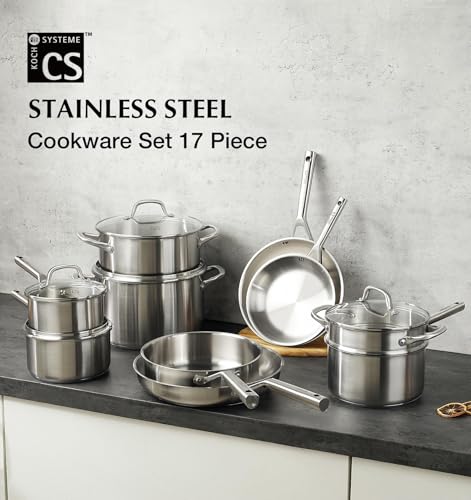 Stainless Steel Cookware Set 17 Piece with 5 Layer Base (Silver / 17 Pcs)