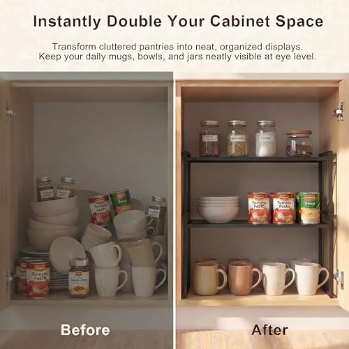 Stackable Kitchen Cabinet Organizer Shelves Pantry Rack Set of 2 (Charcoal Black / 12.6‘’ W)
