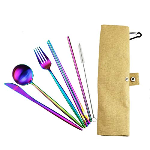 Reusable Travel Utensils (Khaki Pouch / Rainbow-C)
