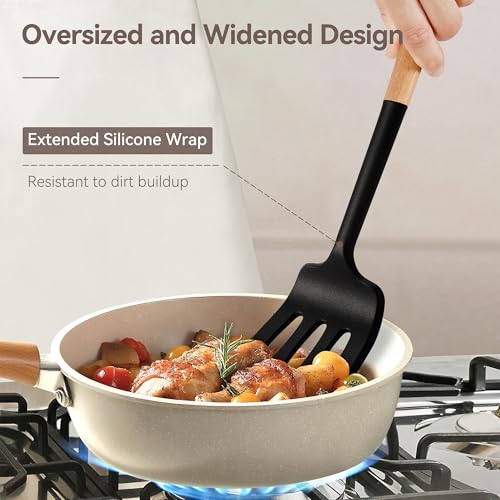 6 Pcs Silicone Kitchen Utensils Set Wood Handle BPA (Black-A / 6 Piece)