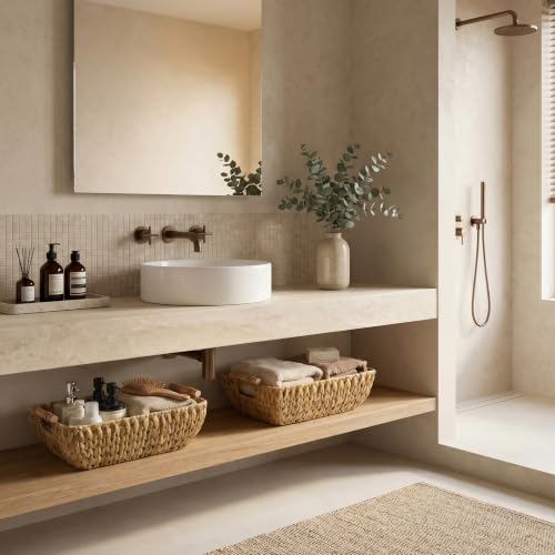 Hand Woven Storage Baskets with Wooden Handles (Natural(Water Hyacinth) / Large)