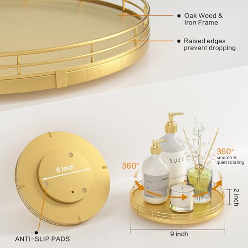 9 Inch Oak Lazy Susan Vanity Tray with Gold Metal Rail (Golden / 9)