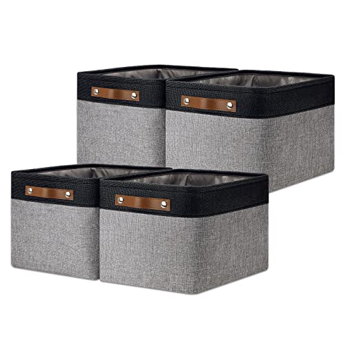 4 Pack Large Canvas Storage Bins with Handles 15"x11"x9.5" Fabric Storage Baskets for Shelves Cloth Bins for Organizing (Black&Grey / L-15"x11"x9.5")