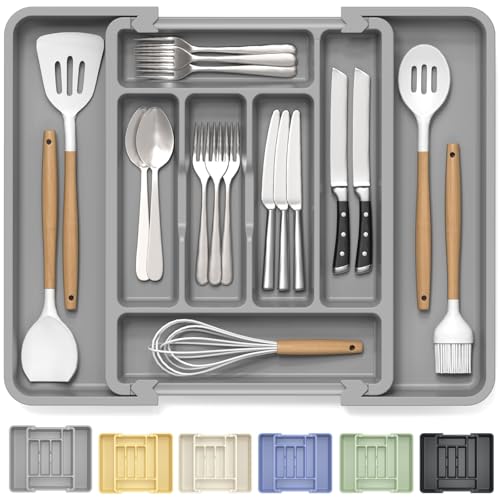 Large Silverware Organizer Tray for Kitchen Drawer Utensils Thicker (Medium Gray)
