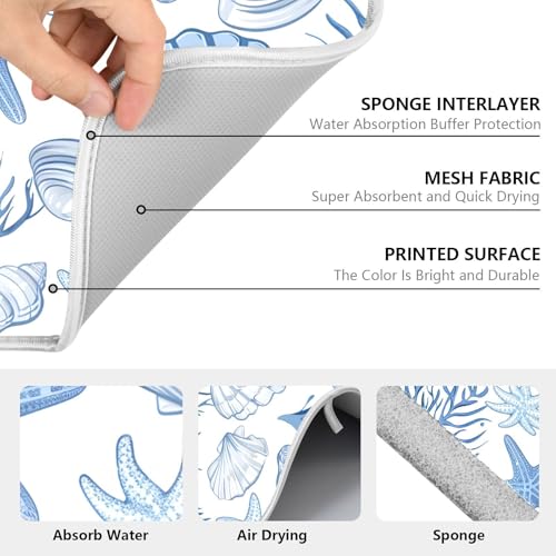 Nautical Coastal Dish Drying Mat for Kitchen Counter Absorbent Microfiber Large Summer Ocean Themed Seashell Coral Starfish Drying Pad Dish Mats for Kitchen Countertops 18 x 24 Inch (24" x 18")