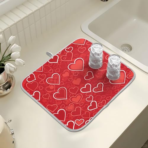 Red Hearts Cute Dish Drying Mat for Kitchen Counter Absorbent Microfiber Small Drying Pad Dish Mats for Kitchen Countertops 16 x 18 Inch (18" x 16")