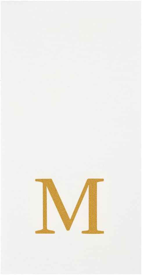 Restaurantware Napkins Pack of 300 Gold Letter M Linen-Feel Paper Disposable Guest Towels 15.75 x 7.87 Inches, Elegant Airlaid White Napkins For Birthdays, Weddings and Catering Events