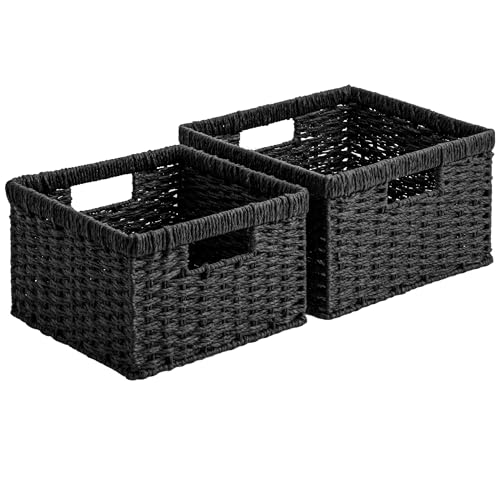 Wicker Baskets with Handles (Black (Paper Rope) / 11½"L x 11½"W x 7"H + 9¾"L x 9¾"W x 6½"H)