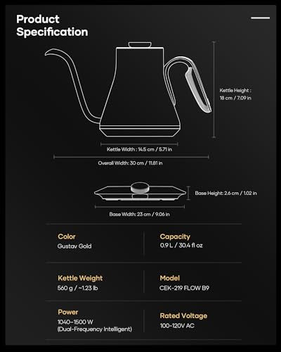 FLOW B9 Gooseneck Electric Kettle ±1°F Temperature Control (Bright Bronze)