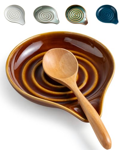 Spoon Rest Ceramic Spoon Rest for Stove Top Cooking Spoon Holder (Dark Brown)