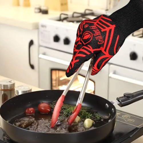 Grill Gloves Heat Proof for Men Grilling BBQ Heat Resistant Gloves (Black & Red / Long Cuff - Medium Palm)