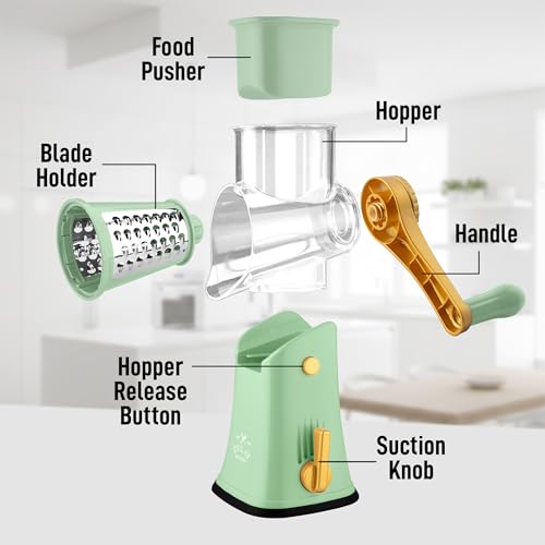 Rotary Cheese Grater Manual Hand Crank 5 Blade Shredder (5 Blades / Sea Foam & Gold)