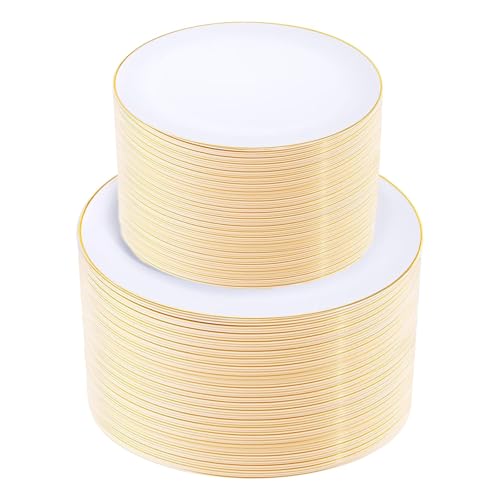 200PCS Gold Plastic Plates (White and Gold / 200 count)