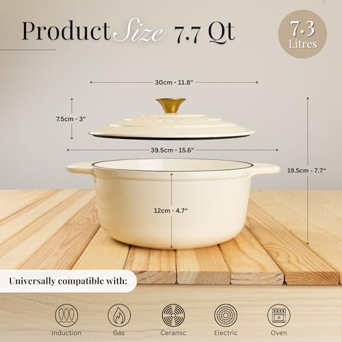 Cast Iron Dutch Oven with Lid (Cream / 7.3-Quart - Deep)
