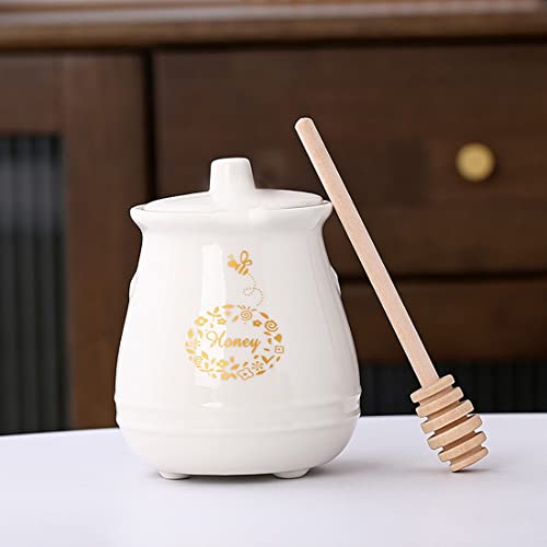 Ceramic Honey Jar with Wooden Honey Dipper (Honey Jar-White)