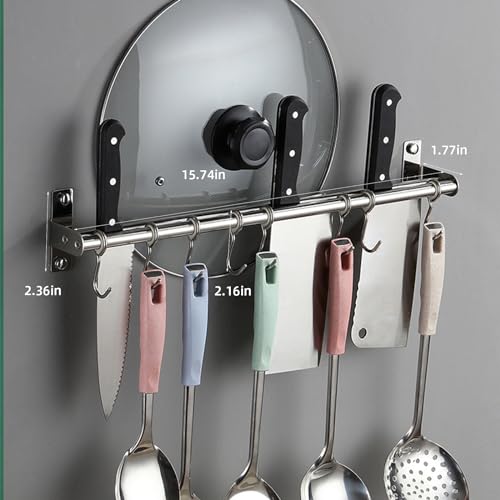 Utensil Hanging Rack Stainless Steel Rail Hanger Rod Wall Mounted Pot Pan Lid Holder Cookware Storage Organizer with Sliding Hooks for Kitchen Bathroom