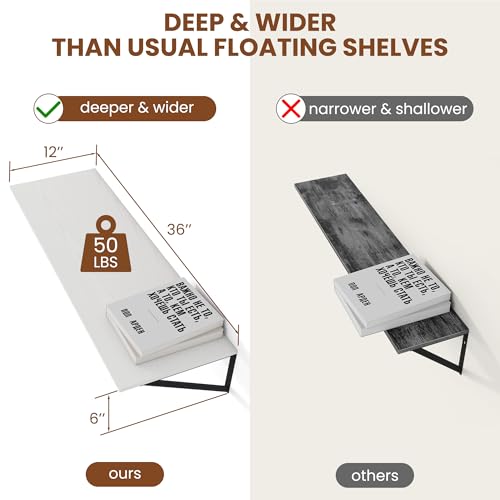 36W x 12D Deep Floating Shelves Set of 2 White (White With Black Metal Bracket / 36wx12dx5.8h)