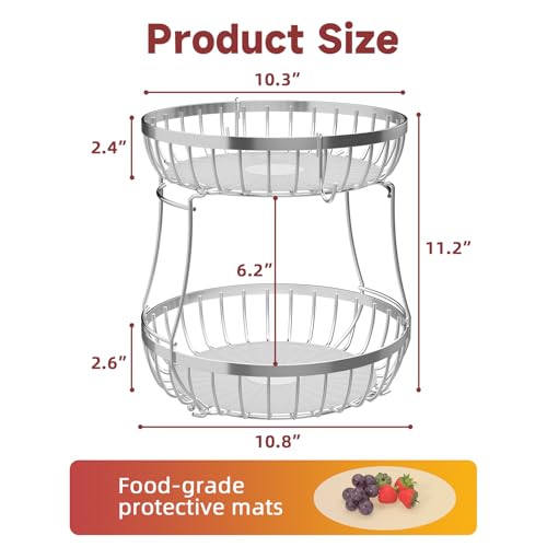2 Tier Fruit Bowl for Kitchen Counter with Banana Hangers (Silver / 2 Tier)